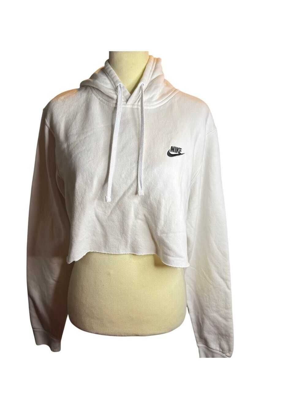 Nike White Cropped Hoodie, Raw Hem Pullover Sweatshirt, Women's Large